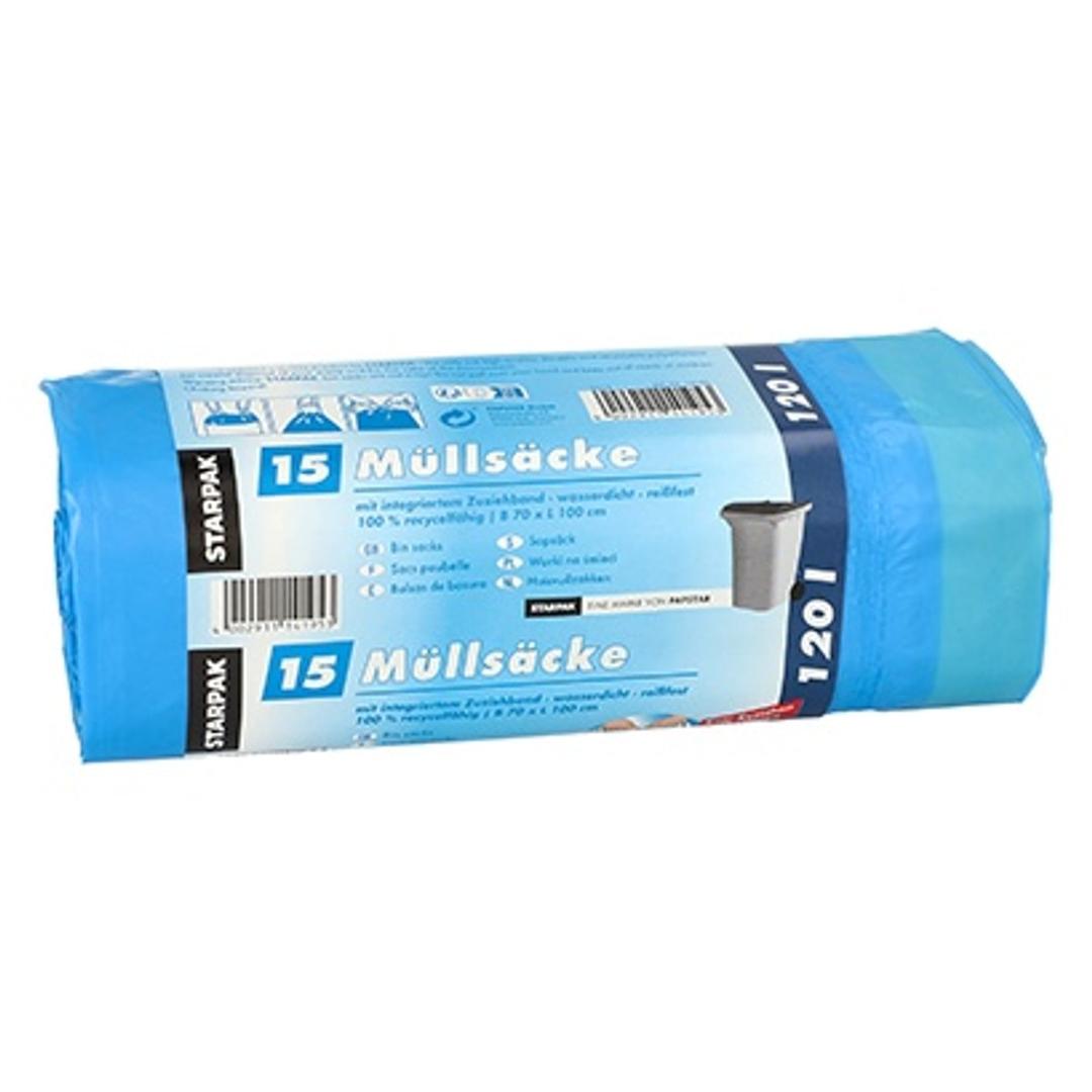 Rouleau de 15 sacs en PEBD de 25 microns Sacs poubelle à liens coulissants 120 litres, bleus STARPAK - Rouleau de 15 sacs en PEBD de 25 microns, sacs poubelle STARPAK 120 litres bleus
