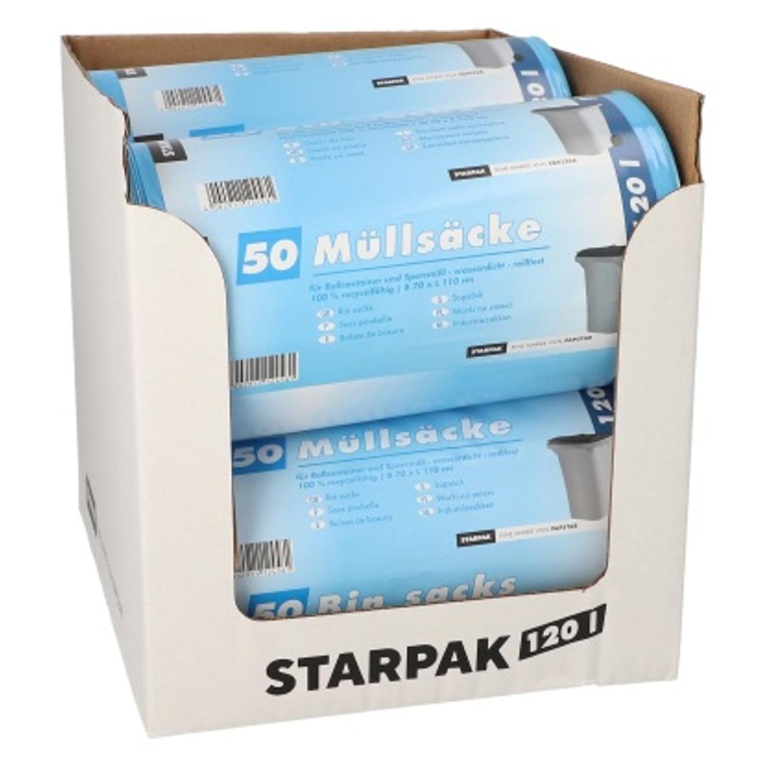 Rouleau de 50 sacs en PEHD de 18 microns Sacs poubelle 120 litres, bleus STARPAK - Présentoir carton des rouleaux STARPAK 120 litres bleus