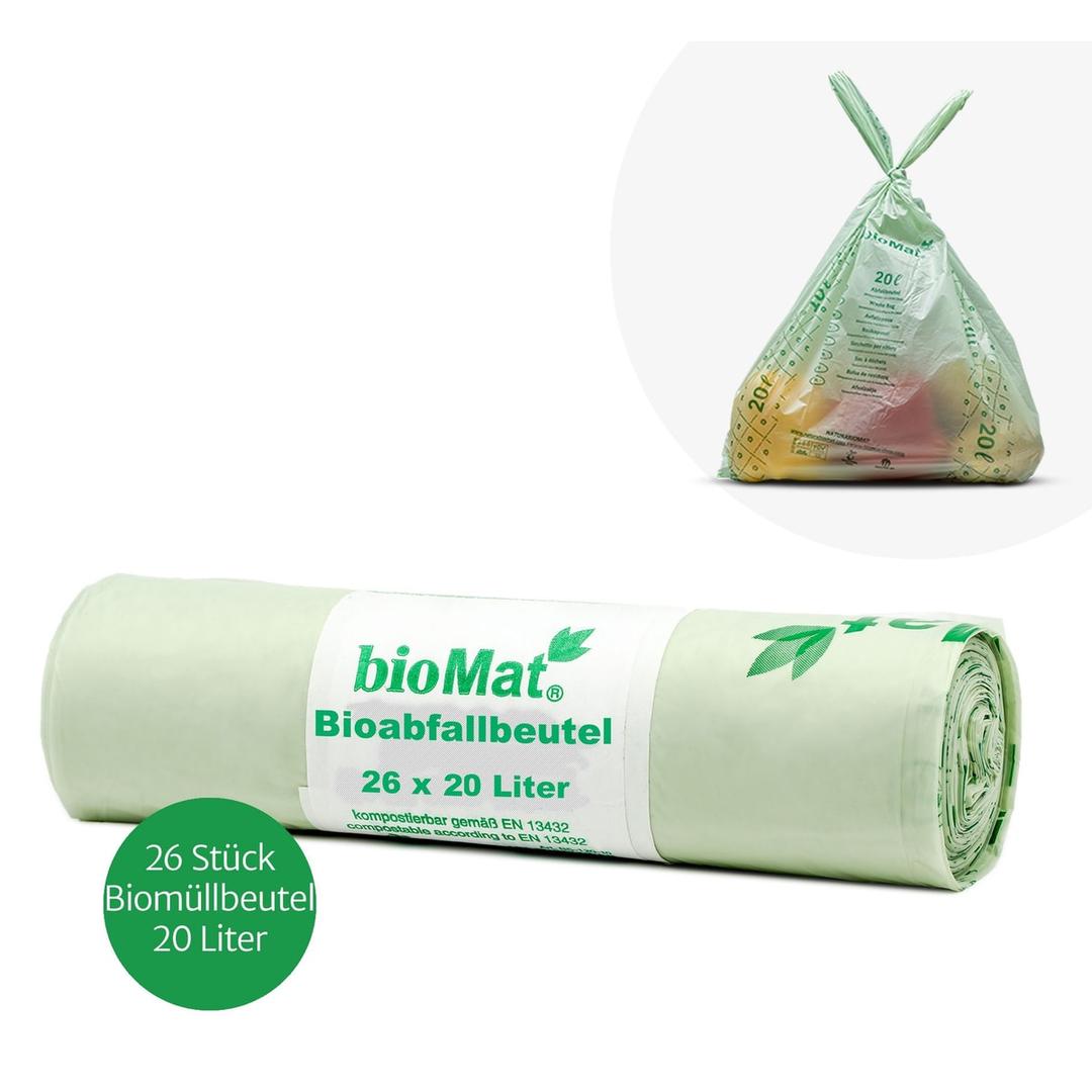 Rouleau de 26 sacs en film Mater-Bi à base d'amidon Sacs poubelle compostables à poignées 20 litres, verts BIOMAT - Rouleau de 26 sacs en film Mater-Bi à base d'amidon, sacs poubelle compostables bioMAT 20 litres