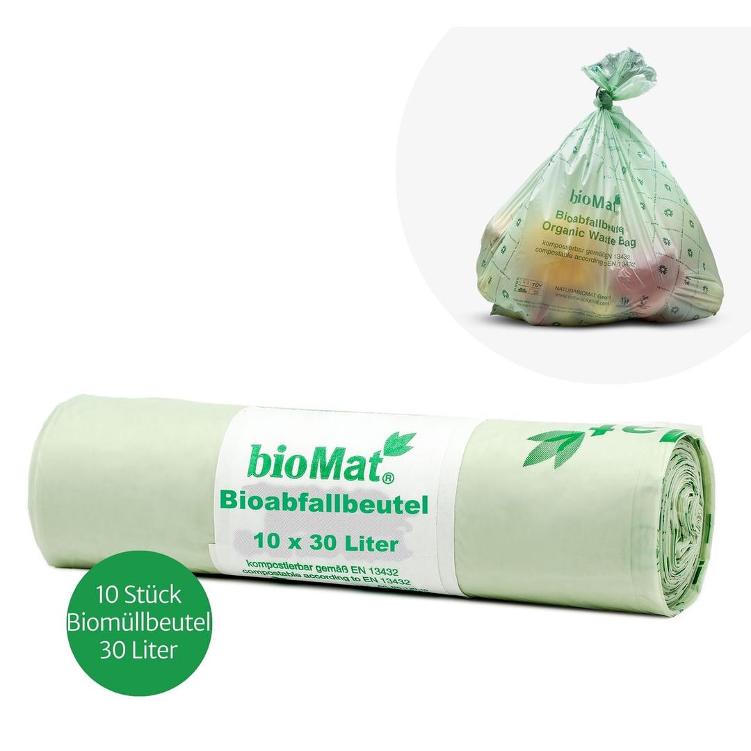 Rouleau de 10 sacs en film Mater-Bi à base d'amidon Sacs poubelle compostables 30 litres, verts BIOMAT - Rouleau de 10 sacs en film Mater-Bi à base d'amidon, sacs poubelle compostables bioMAT 30 litres