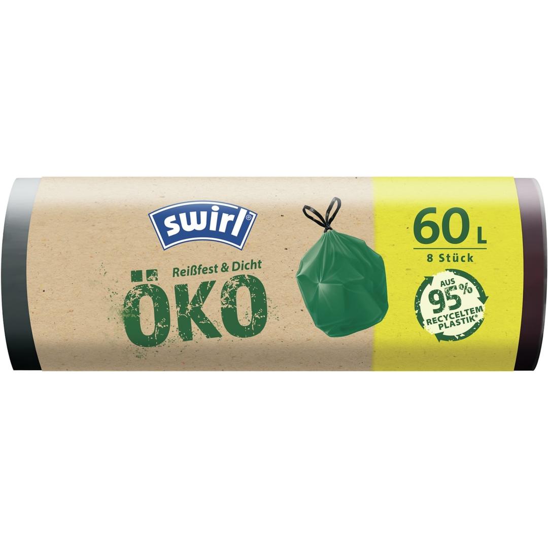 Rouleau de 8 sacs recyclés, Ange bleu Sacs poubelle écologiques à liens coulissants 60 litres, verts SWIRL - Rouleau de 8 sacs recyclés, Ange bleu, sacs poubelle swirl 60 litres verts