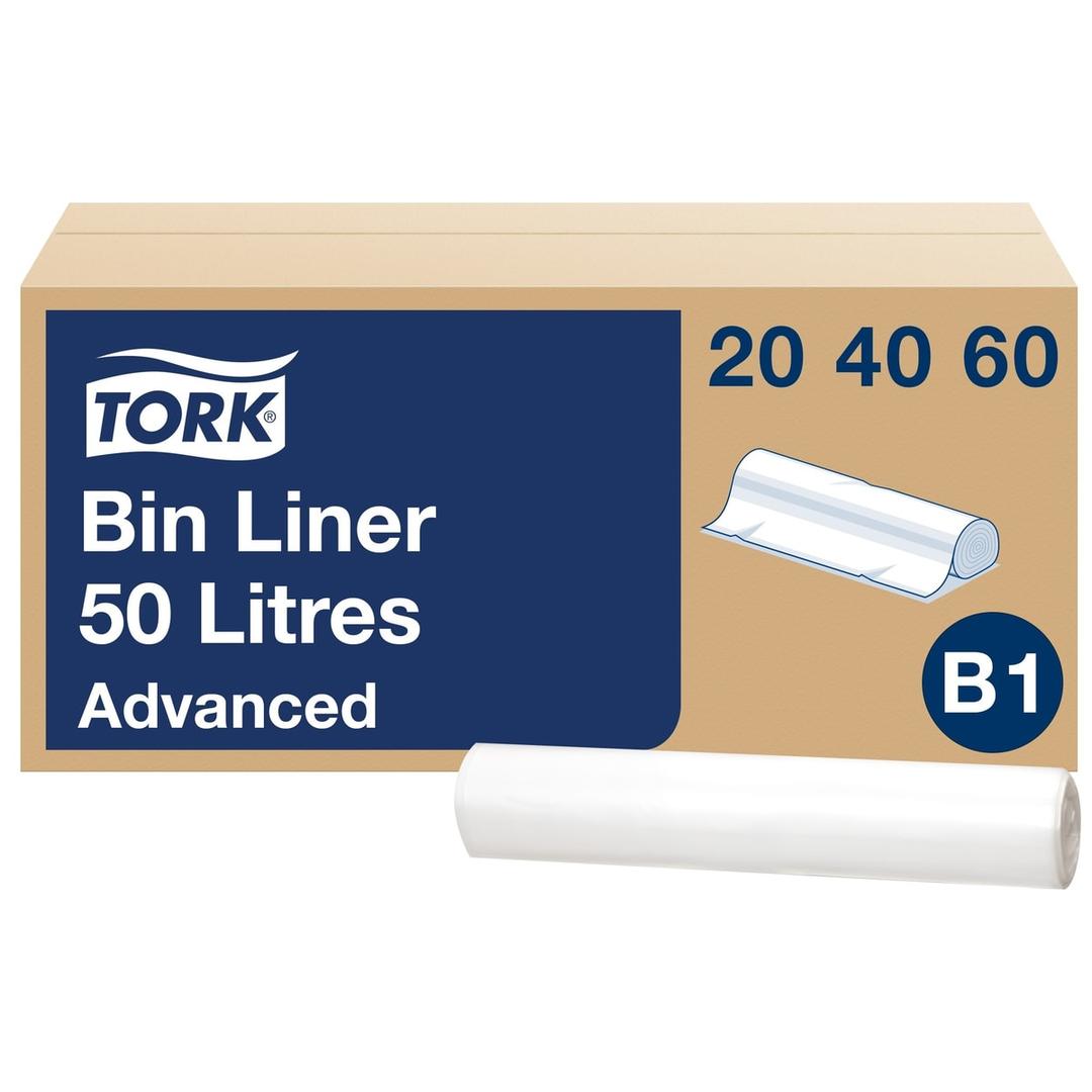 Paquet de 10 rouleaux de 25 sacs Sacs poubelle 50 litres, transparents TORK - Paquet de 10 rouleaux de 25 sacs, sacs poubelle Tork 50 litres transparents