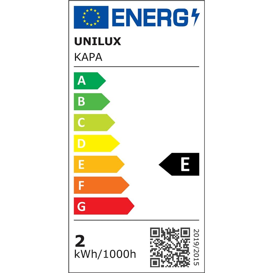 Lampe de bureau LED rechargeable, pliante, support de téléphone KAPA UNILUX - Étiquette énergie de la source LED, classe E, lampe de bureau LED rechargeable UNILUX KAPA