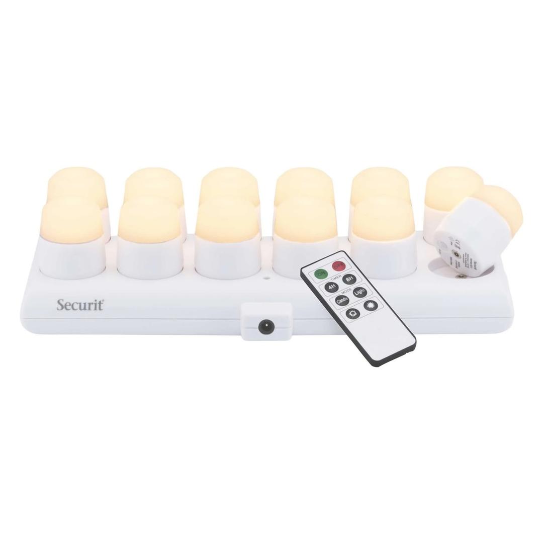 Bougies LED rechargeables, blanc chaud, station de charge AMSTERDAM SECURIT - Bougies LED rechargeables Securit AMSTERDAM blanc chaud sur leur station, avec la télécommande
