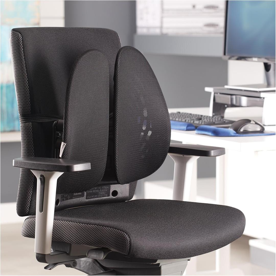 2 parties mobiles, réglable en hauteur, noir Support dorsal Back Angel FELLOWES - Support dorsal Fellowes Back Angel noir sur une chaise de bureau