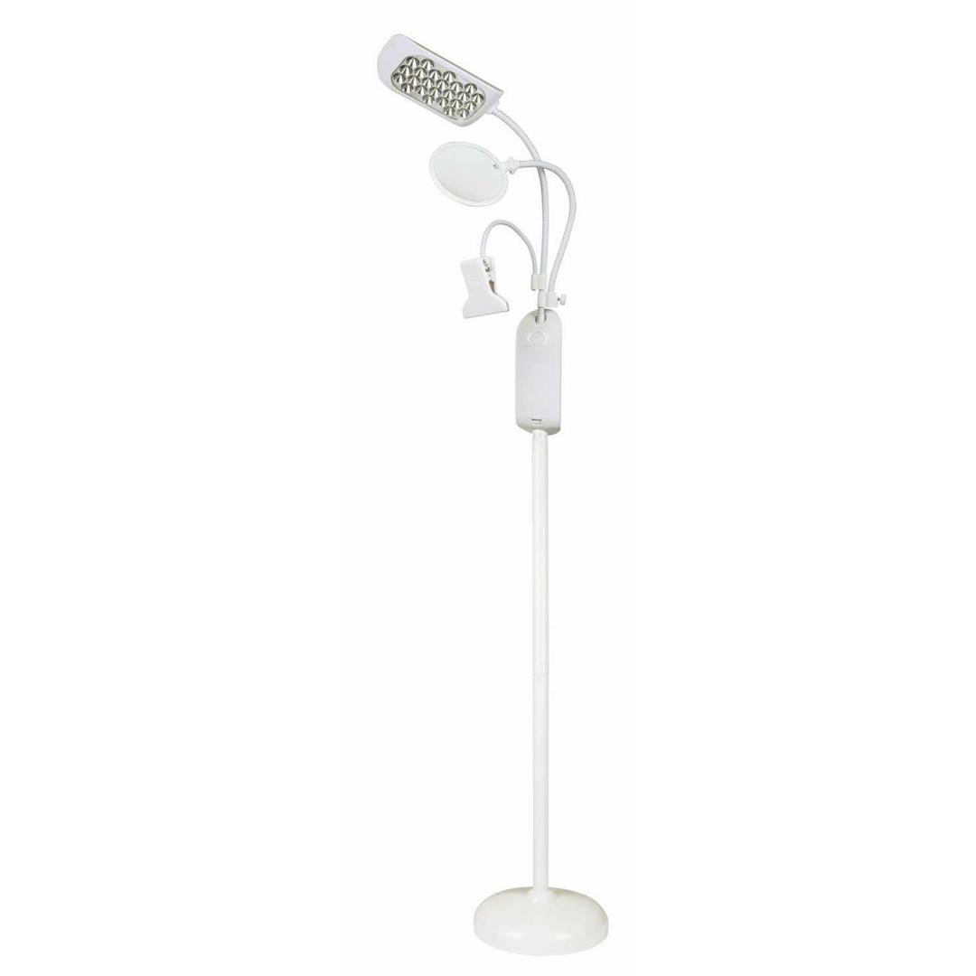 3 cols de cygne, secteur ou piles Lampadaire LED avec loupe et pince porte-document KLEIBER - Lampadaire LED KLEIBER blanc avec loupe et pince porte-document