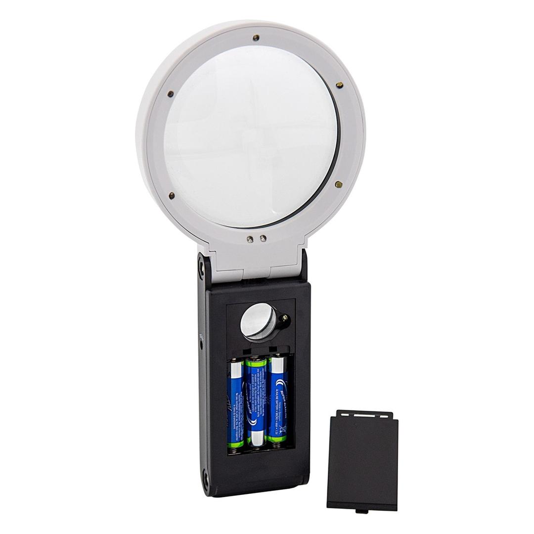à main ou de table, x 2,5 et x 10 Loupe éclairée LED et UV à pied pliable WEDO - Compartiment des piles de la loupe WEDO à pied pliable