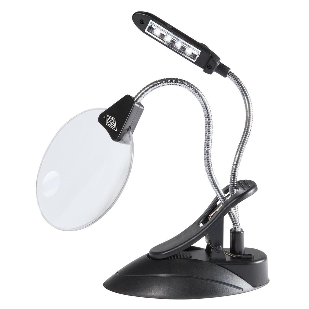 Sur pied ou à pince, x 2 et x 4 Loupe de table avec lampe LED WEDO - Loupe de table WEDO noire avec sa lampe LED sur col flexible