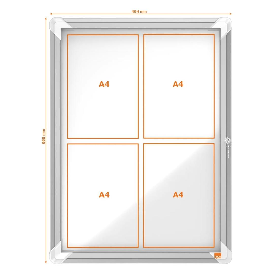Extérieure, fond magnétique, 4 x A4 Vitrine d'affichage Premium Plus NOBO - Vitrine d'affichage d'extérieur nobo Premium Plus 4 x A4, plan des emplacements A4