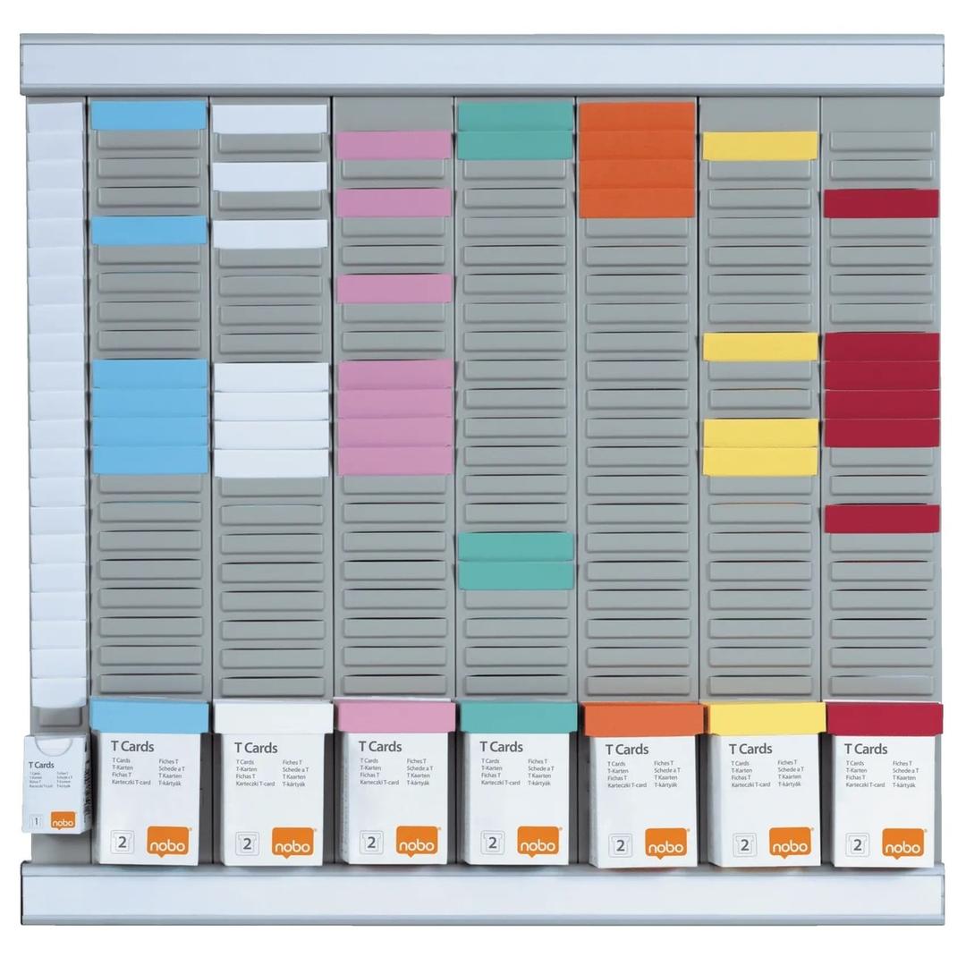 7 colonnes de 24 fentes, 48 x 48 cm Kit planning à fiches T Office Planner NOBO - Kit planning à fiches T Nobo Office Planner avec ses étuis de fiches de couleur