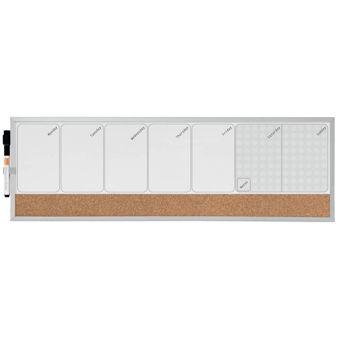 Bande de liège, 58,5 x 19 cm, jours en anglais Planning hebdomadaire magnétique NOBO - Planning hebdomadaire magnétique Nobo avec bande de liège et marqueur