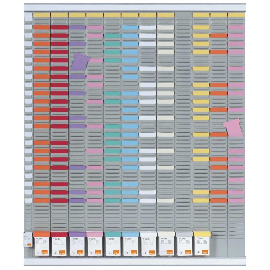 12 colonnes de 54 fentes, 80 x 96 cm Kit planning annuel à fiches T grand format NOBO - Kit planning annuel à fiches T Nobo grand format avec ses étuis de fiches
