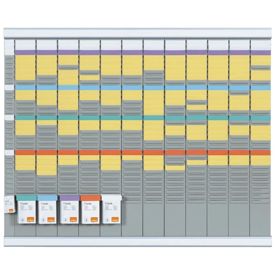 12 colonnes de 32 fentes, 80 x 66 cm Kit planning annuel à fiches T NOBO - Kit planning annuel à fiches T Nobo avec ses étuis de fiches de couleur