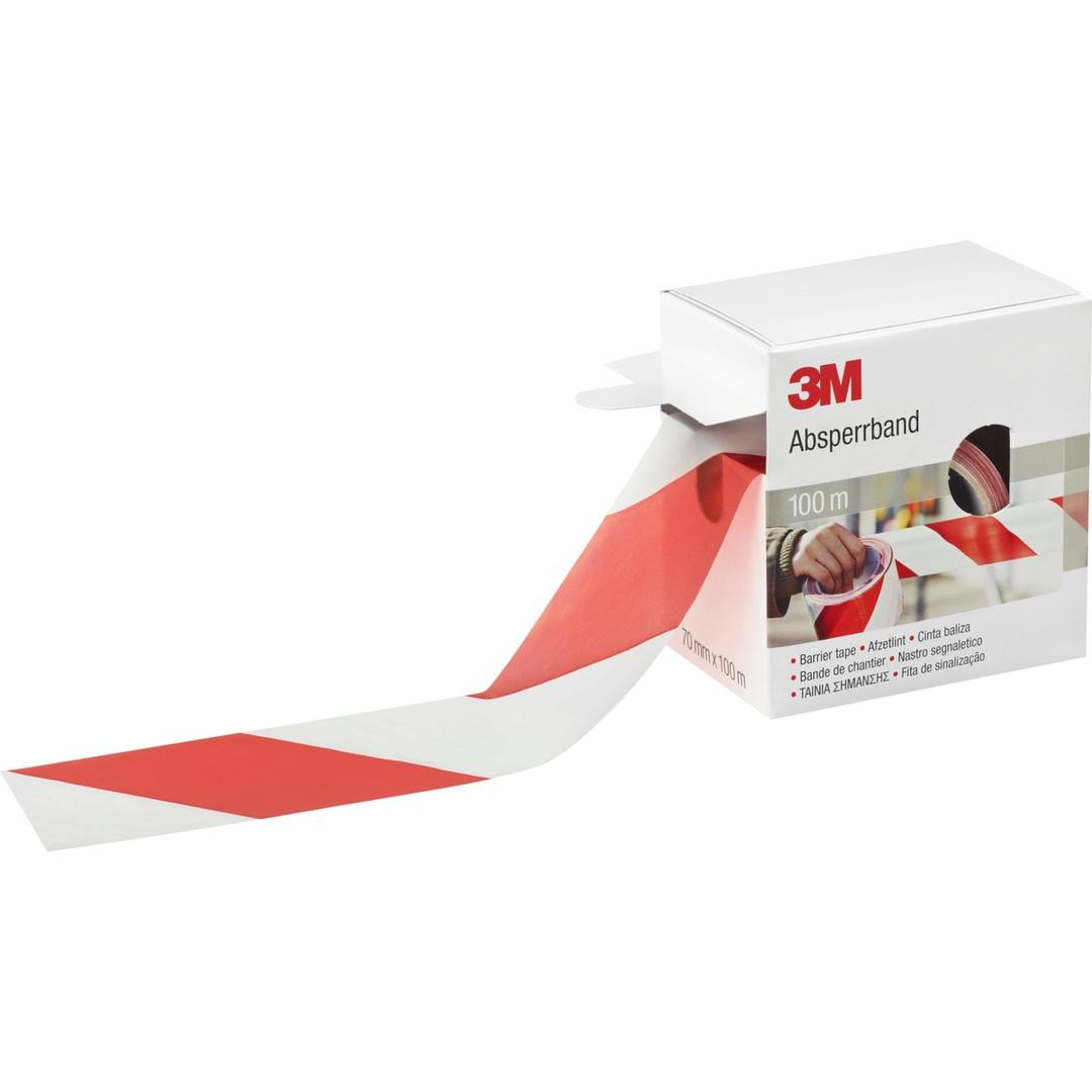 Non adhésif, 70 mm x 100 m, rouge et blanc Ruban de signalisation 3M - Ruban de signalisation 3M rouge et blanc dans sa boîte distributrice