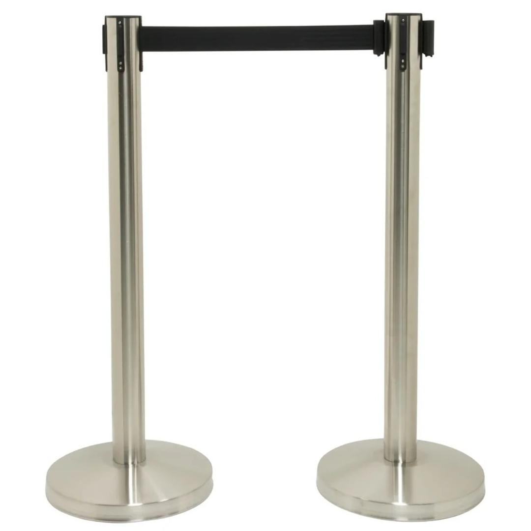 Lot de 2, sangle noire de 2 m, inox brossé Poteaux de guidage RETRACTABLE SECURIT - Deux poteaux de guidage Securit RETRACTABLE en inox brossé reliés par leur sangle noire