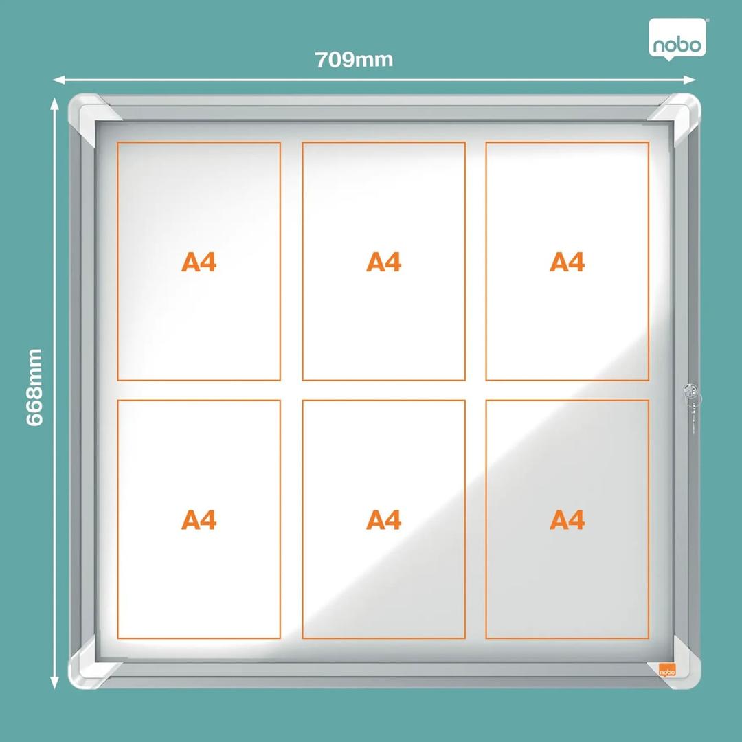 Intérieure, fond magnétique, 6 x A4 Vitrine d'affichage Premium Plus NOBO - Vitrine d'affichage d'intérieur nobo Premium Plus 6 x A4, plan des emplacements A4