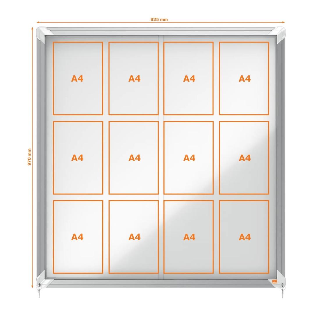 Intérieure, portes coulissantes, fond magnétique, 12 x A4 Vitrine d'affichage Premium Plus NOBO - Vitrine d'affichage nobo Premium Plus à portes coulissantes 12 x A4, plan des emplacements A4