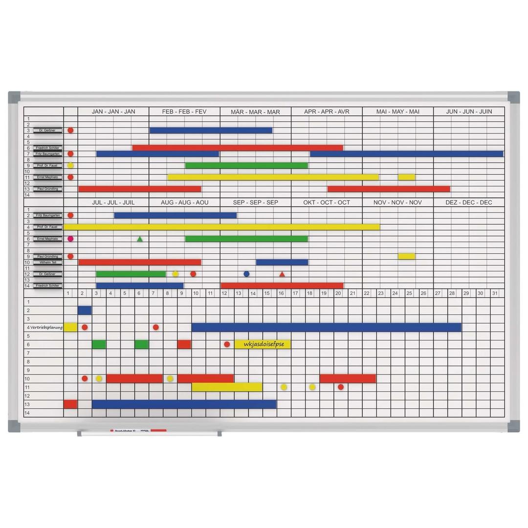 Permanent, 90 x 60 cm, mois en trois langues Tableau de planning mensuel et annuel MAULstandard MAUL - Tableau de planning MAUL MAULstandard garni de bandes et d'aimants, en situation