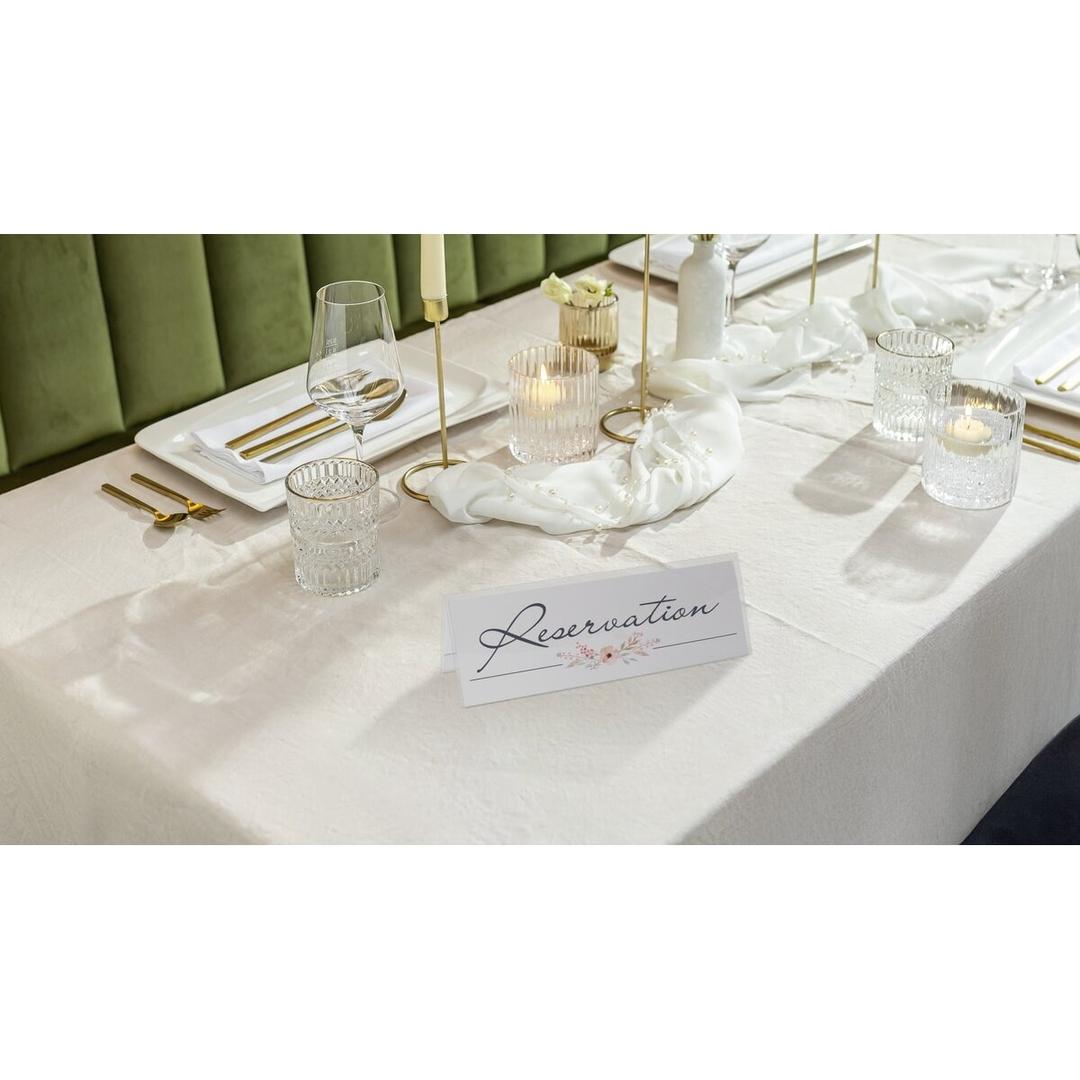 Chevalet transparent, 100 x 60 mm, lot de 10 Présentoir de table SIGEL - Présentoir de table sigel posé sur une table de banquet, carton de réservation