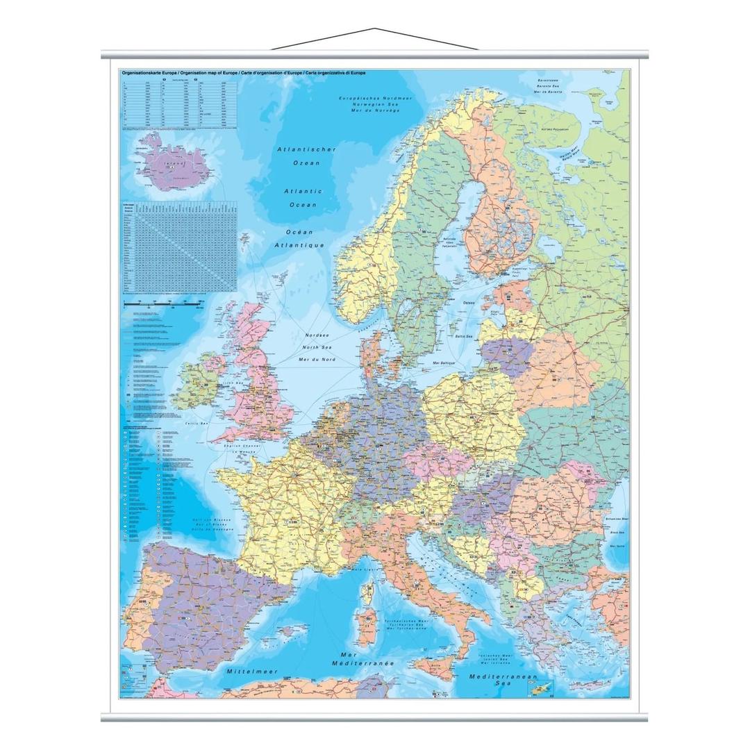 97 x 137 cm, échelle 1:3 600 000, légende en français, anglais et allemand Carte de l'Europe pelliculée FRANKEN - Carte de l'Europe pelliculée FRANKEN avec barres de suspension