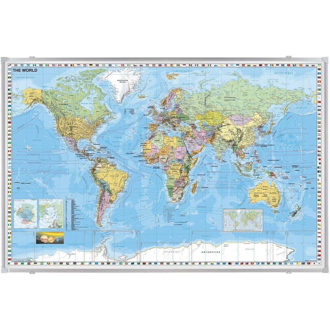 Acier laqué, 138 x 88 cm, échelle 1:33 000 000, légende en anglais Carte du monde magnétique FRANKEN - Carte du monde magnétique FRANKEN en acier laqué, cadre aluminium