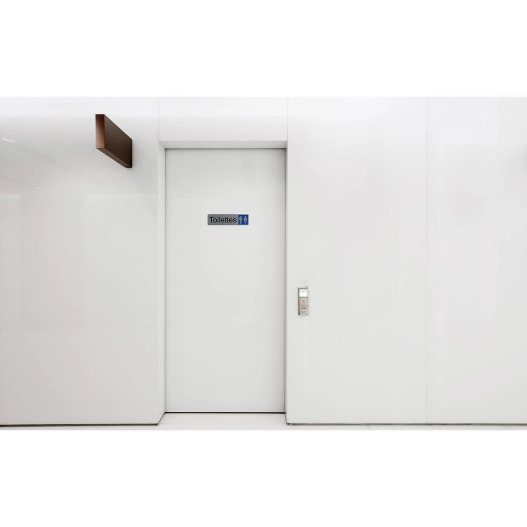 Aspect aluminium brossé, 165 x 44 mm Plaque adhésive Toilettes 67151E EXACOMPTA - Plaque Toilettes EXACOMPTA 67151E collée sur une porte