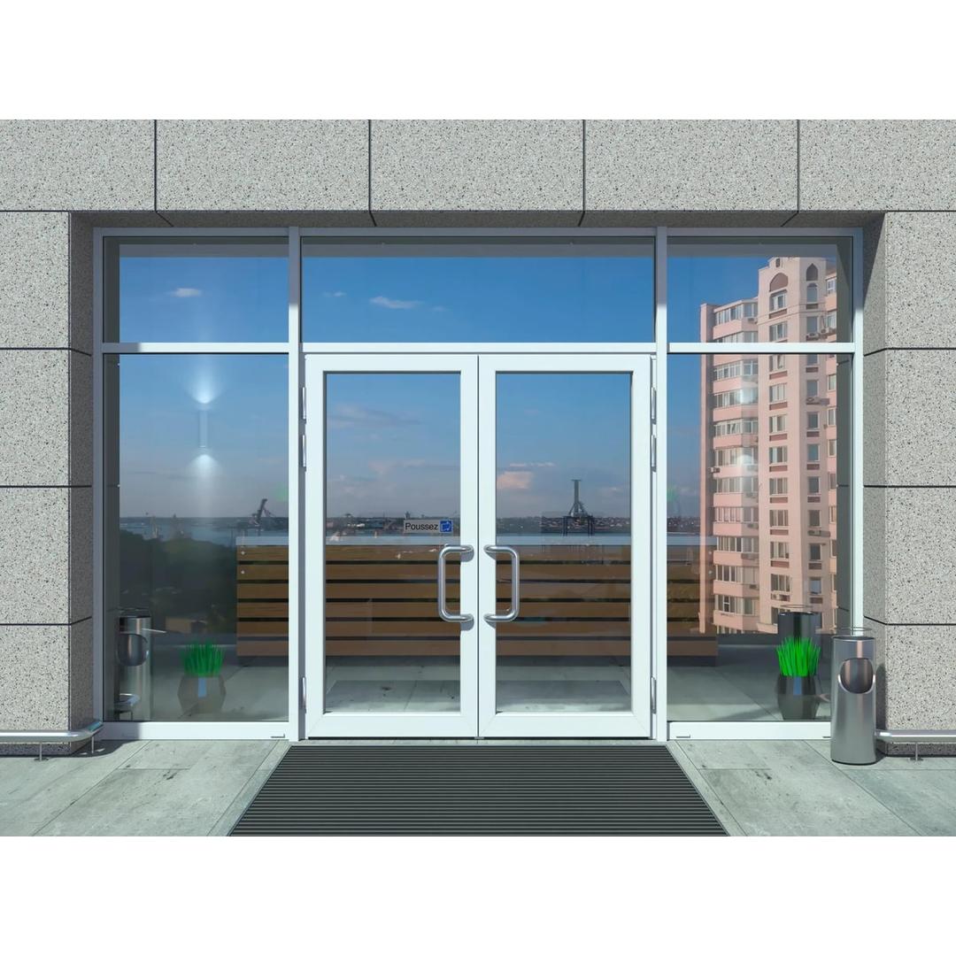 Horizontale, aspect aluminium brossé, 165 x 44 mm Plaque adhésive Poussez 67155E EXACOMPTA - Plaque Poussez EXACOMPTA 67155E collée sur une porte d'entrée vitrée