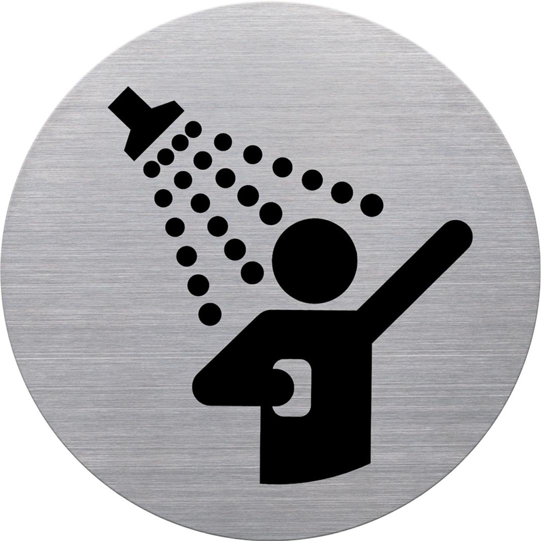 Inox brossé, Ø 115 mm Plaque douche the badge HELIT - Pictogramme douche helit the badge, personne sous la douche imprimée en noir sur inox brossé