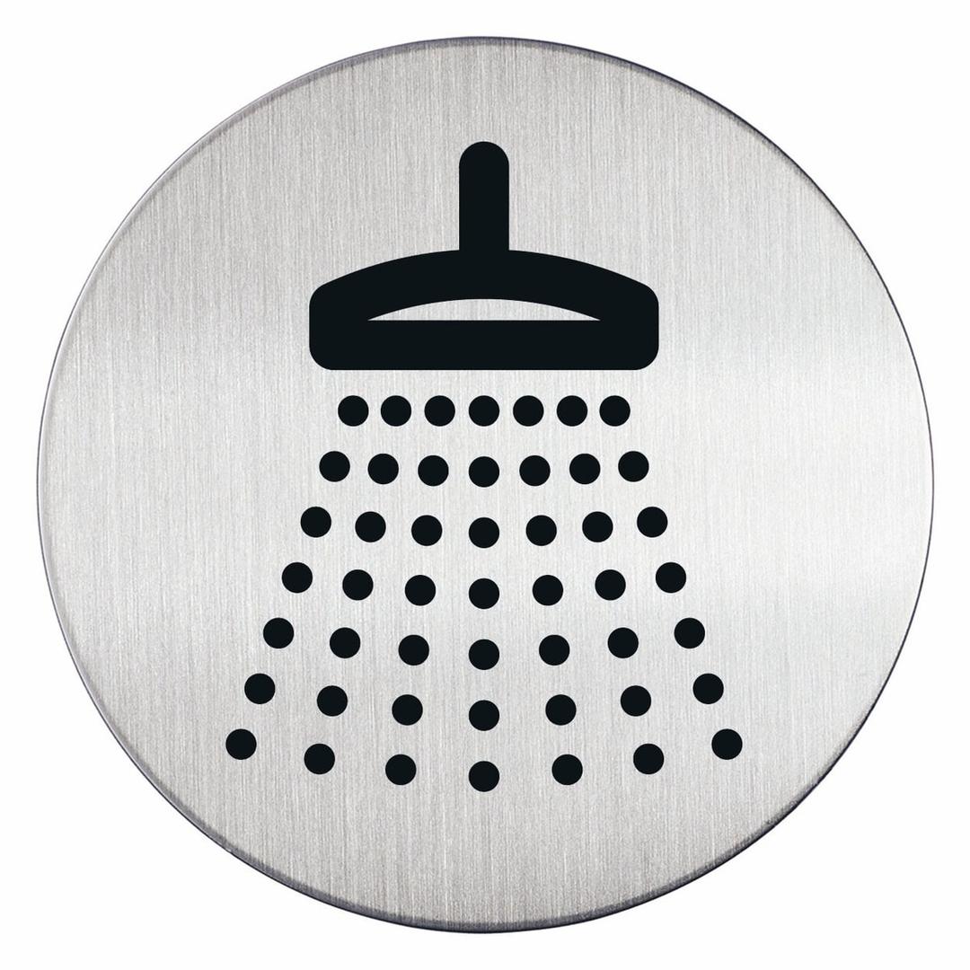Inox brossé, Ø 83 mm Plaque douche 4938 DURABLE - Pictogramme douche DURABLE 4938, rond en inox brossé, symbole noir