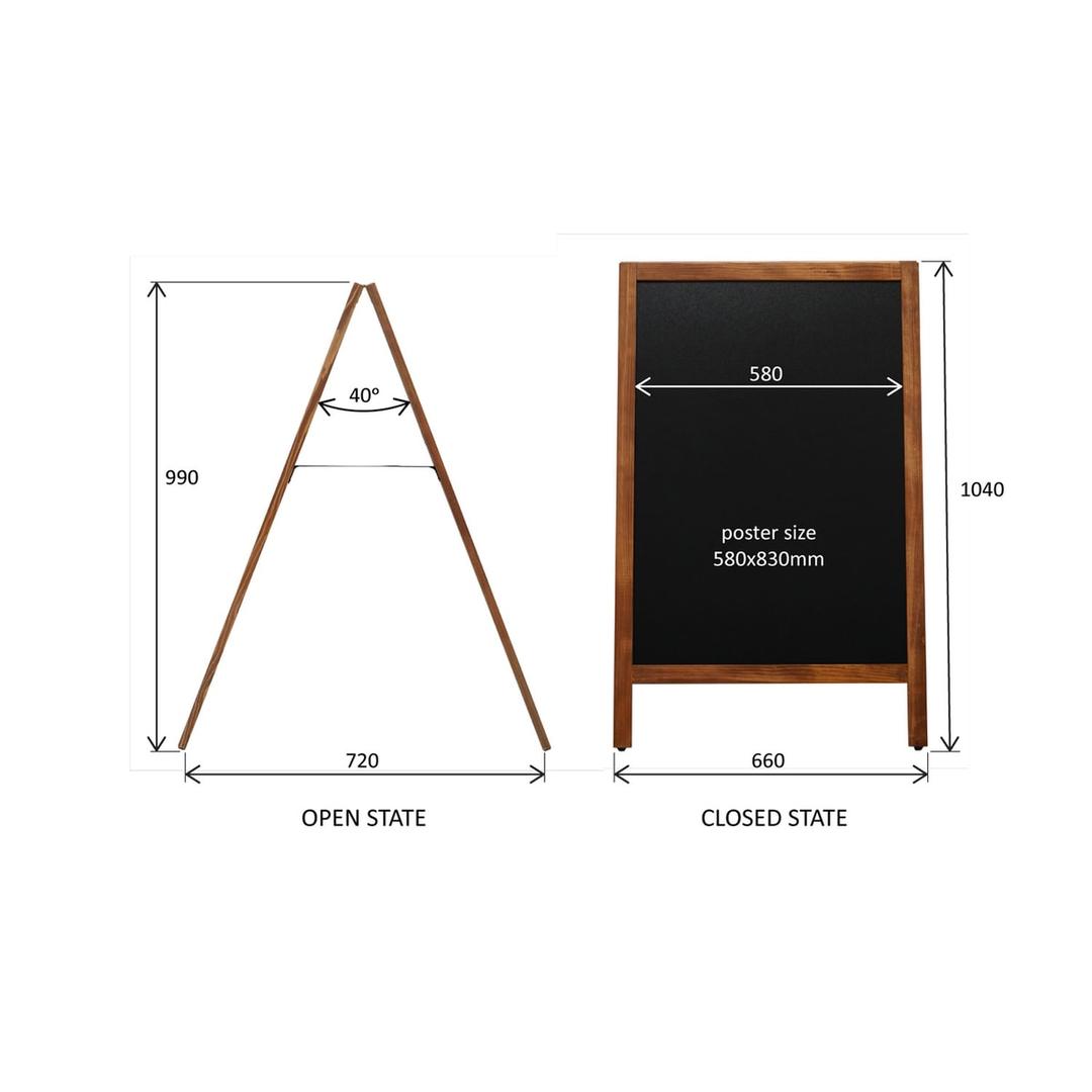 660 x 1 040 mm, double face, pin naturel Stop-trottoir ardoise en pin EUROPEL - Cotes du stop-trottoir EUROPEL ouvert et fermé