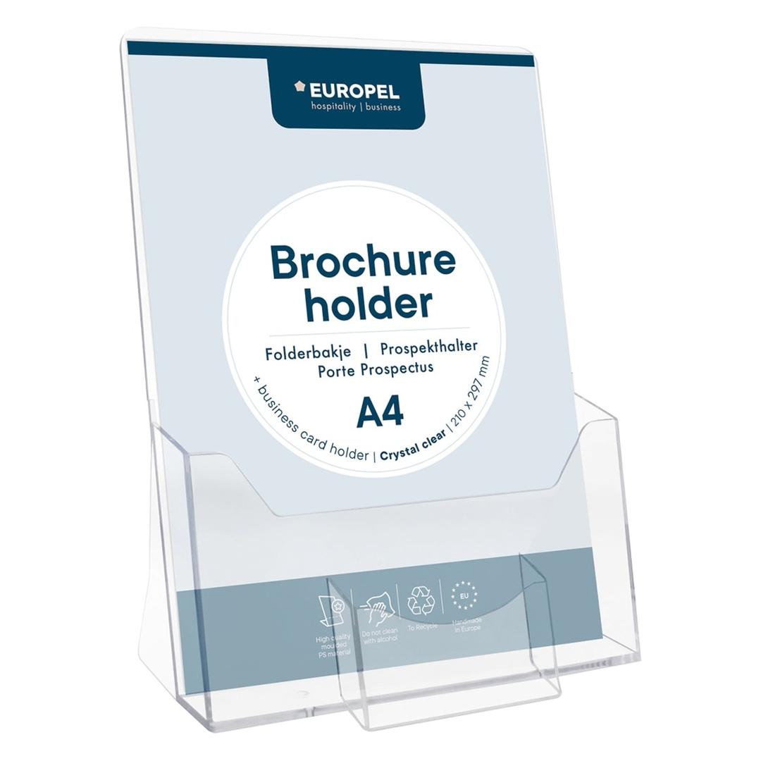 A4 portrait, transparent Porte-brochures avec porte-cartes EUROPEL - Porte-brochures EUROPEL A4, 1 compartiment, transparent, garni de documents