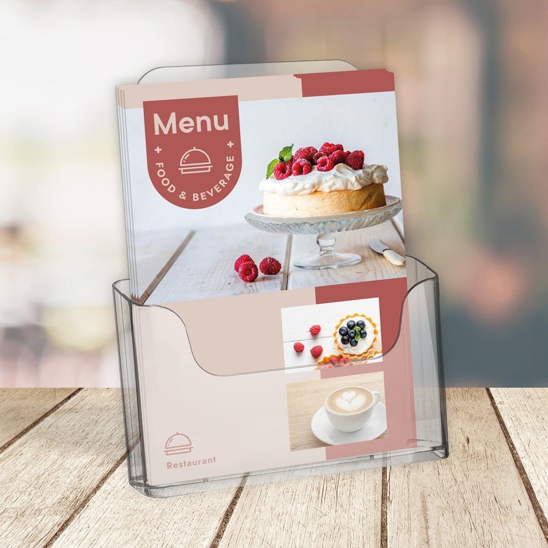 A4 portrait, compartiment de 41 mm Porte-brochures de table ou mural EUROPEL - Porte-brochures EUROPEL A4, 1 compartiment, transparent, en situation