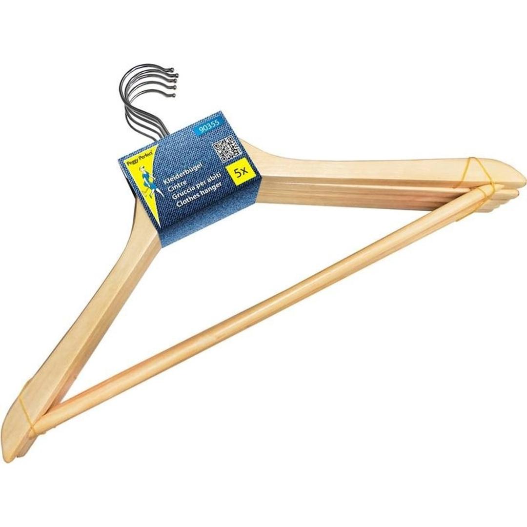 Laque incolore, 440 mm, lot de 5 Cintres en bois avec barre PEGGY PERFECT - Lot de 5 cintres en bois Peggy Perfect avec barre