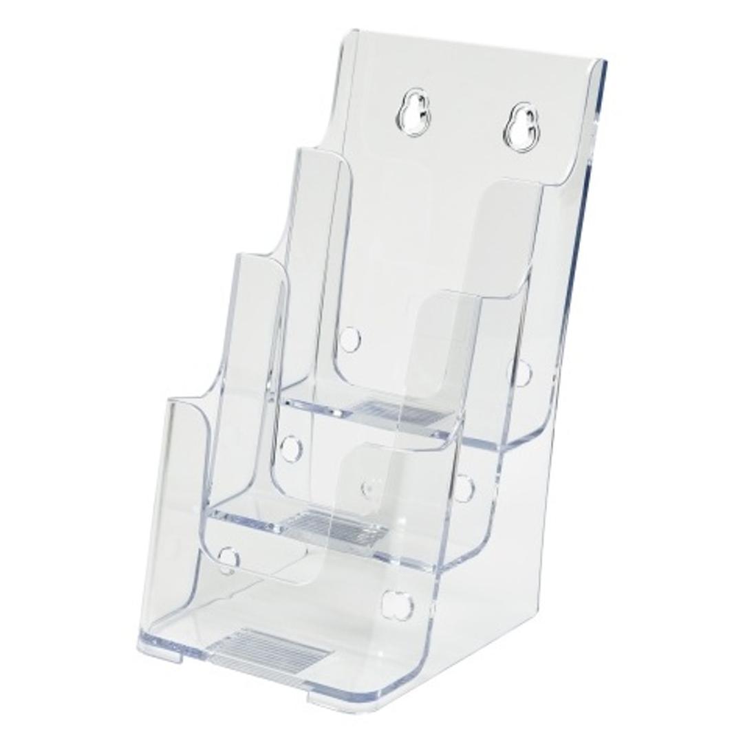 DL portrait, 3 compartiments Porte-flyer Classic DEFLECTO - Porte-brochures Classic deflecto DL, 3 compartiments, transparent, vu de trois quarts