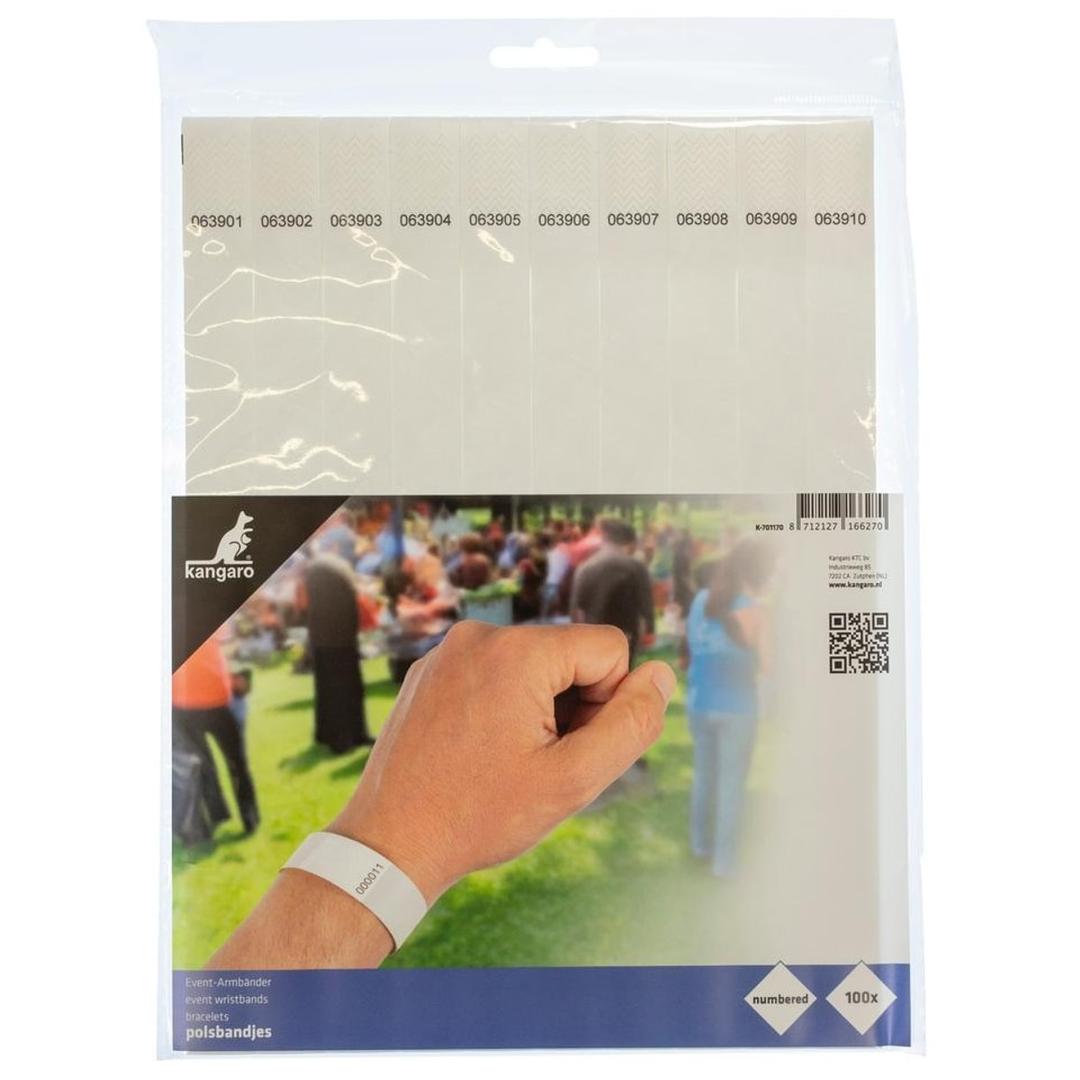 Indéchirable, numéroté, lot de 100, blanc Bracelet d'identification KANGARO - Sachet de 100 bracelets d'identification kangaro blanc numérotés