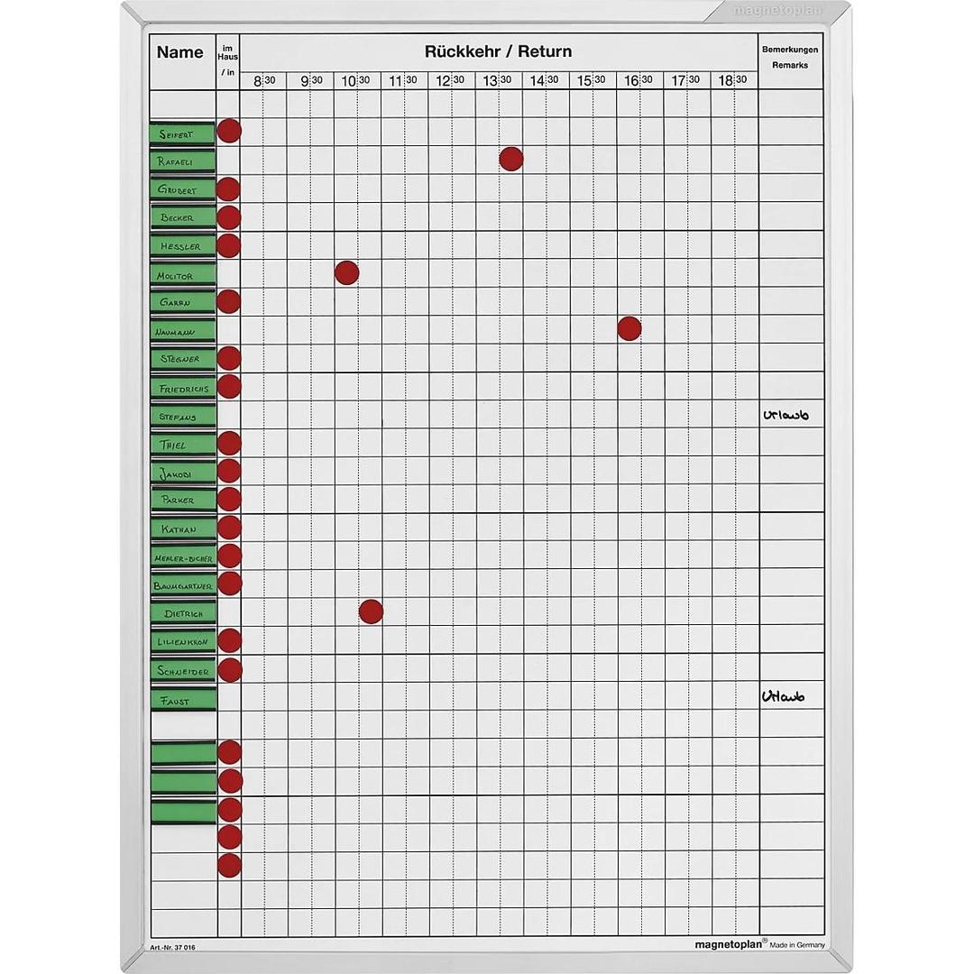 30 personnes, 45 x 60 cm en portrait, impression en allemand et en anglais Planning de présence et d'absence MAGNETOPLAN - Planning de présence et d'absence magnetoplan pour 30 personnes