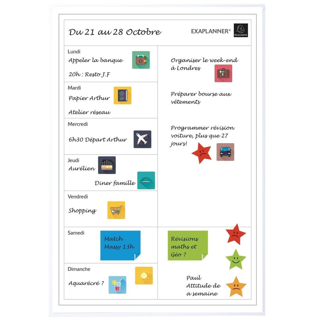 30 x 43 cm en portrait, textes en français Planning hebdomadaire magnétique Exaplanner Perso EXACOMPTA - Planning EXACOMPTA Exaplanner Perso garni de magnets et de notes de la semaine