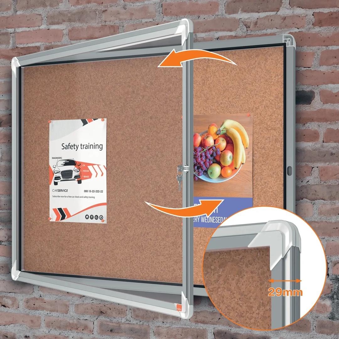 Intérieure, fond en liège, 8 x A4 Vitrine d'affichage Premium Plus NOBO - Vitrine d'affichage d'intérieur nobo Premium Plus en liège 8 x A4, porte battante ouverte