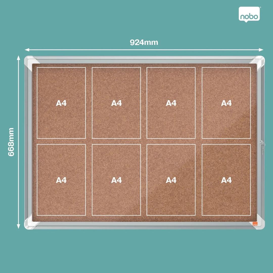 Intérieure, fond en liège, 8 x A4 Vitrine d'affichage Premium Plus NOBO - Vitrine d'affichage d'intérieur nobo Premium Plus en liège 8 x A4, plan des emplacements A4