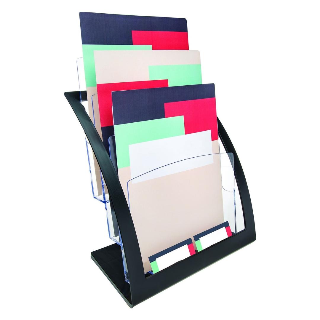 A4, 3 compartiments, noire Porte-brochures Contemporary DEFLECTO - Porte-brochures Contemporary deflecto A4, 3 compartiments, armature noire, garni de brochures
