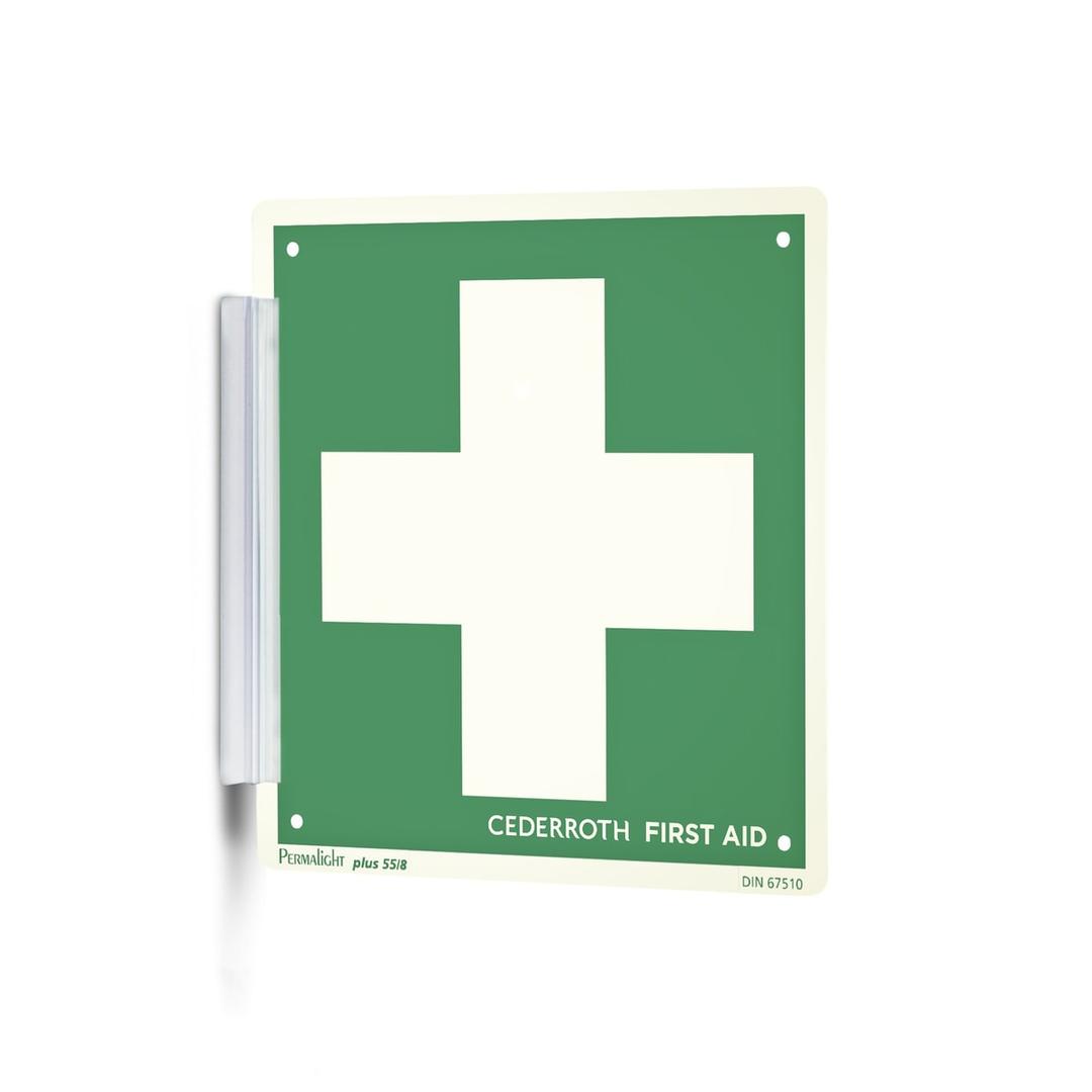 PVC transparent, autocollant Support de panneau en drapeau 1750 CEDERROTH - Support CEDERROTH 1750 monté au mur avec le panneau premiers secours 1738
