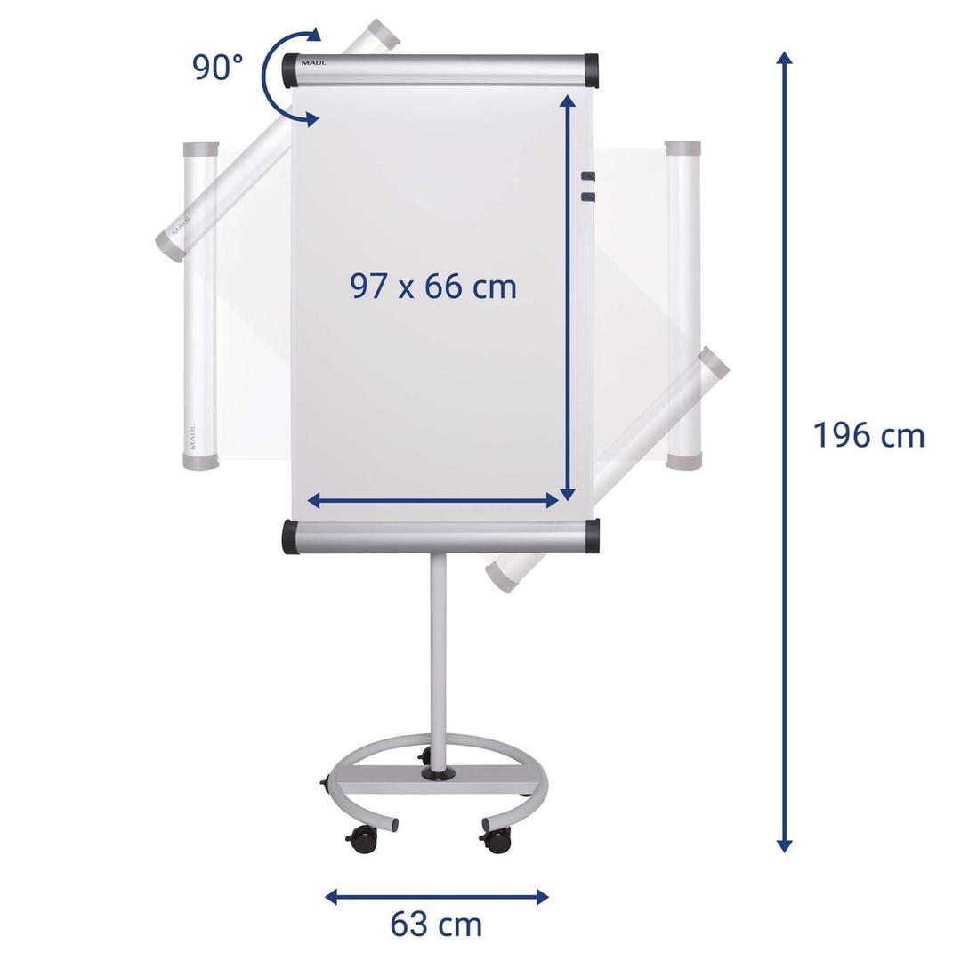 Tableau pivotant portrait ou paysage, pied rond à 5 roulettes Paperboard mobile flip2use MAUL - Cotes du paperboard MAULsolid flip2use