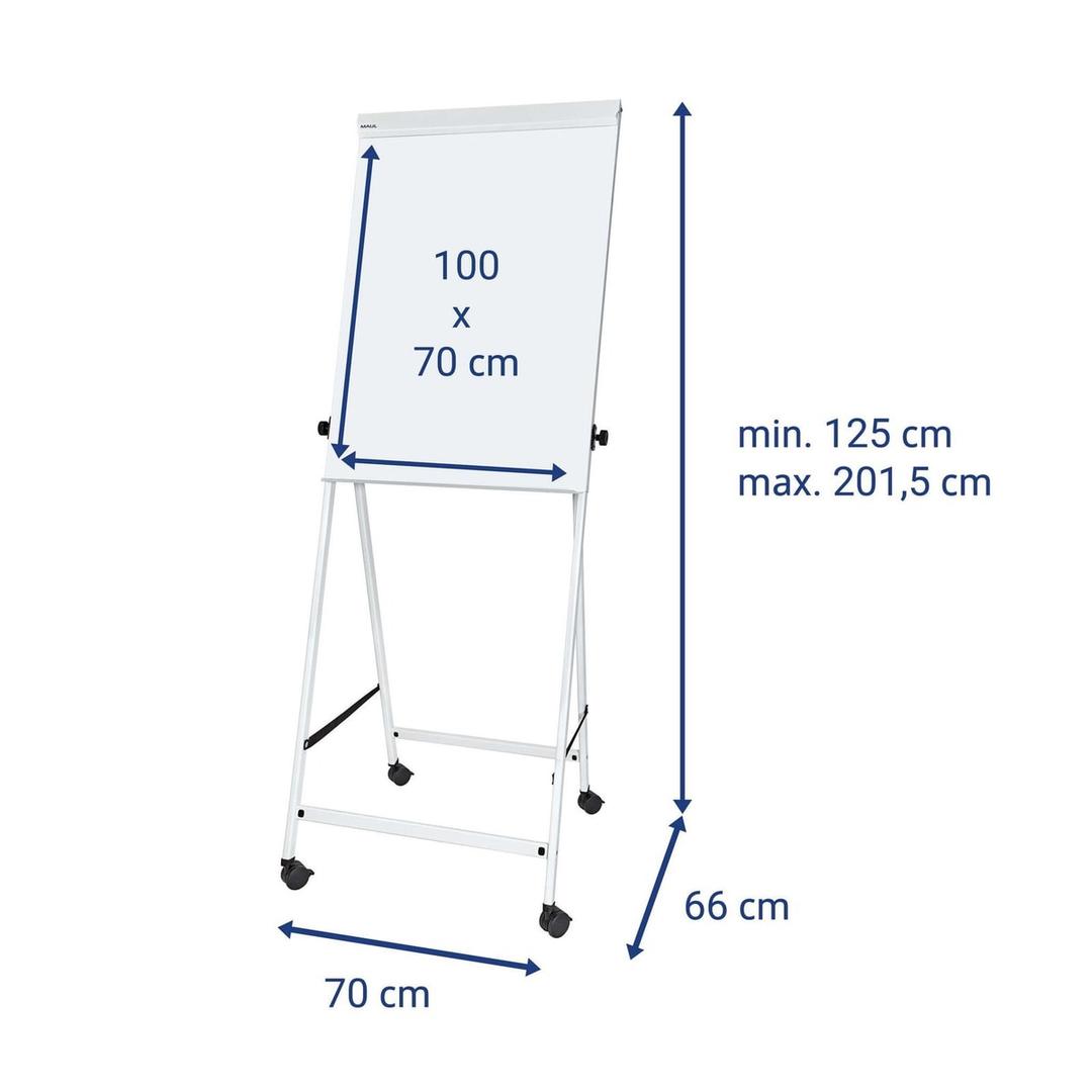 Magnétique, 4 roulettes à frein, pliable, blanc Paperboard office à quatre pieds MAUL - Cotes du paperboard MAULoffice à quatre pieds