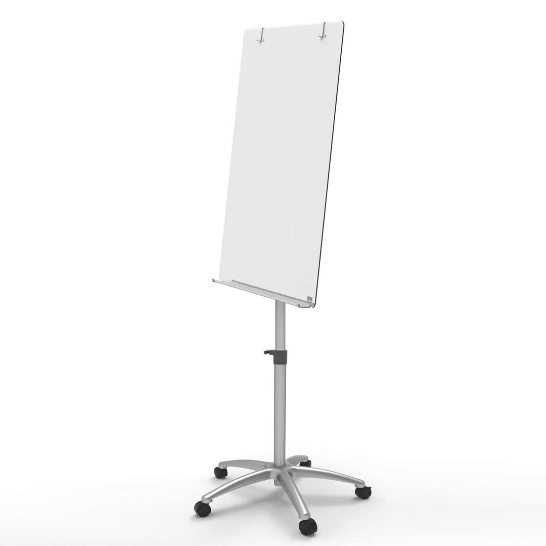 Verre magnétique blanc brillant, 5 roulettes Paperboard mobile en verre NOBO - Paperboard en verre nobo vu de trois quarts