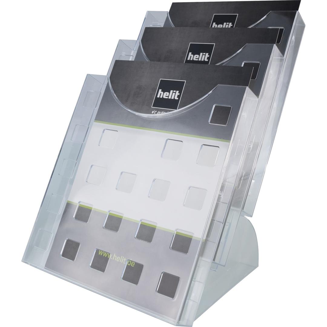 A4 portrait, 3 compartiments, transparent Porte-brochures the step grid HELIT - Porte-brochures de table helit the step grid A4, 3 compartiments, transparent