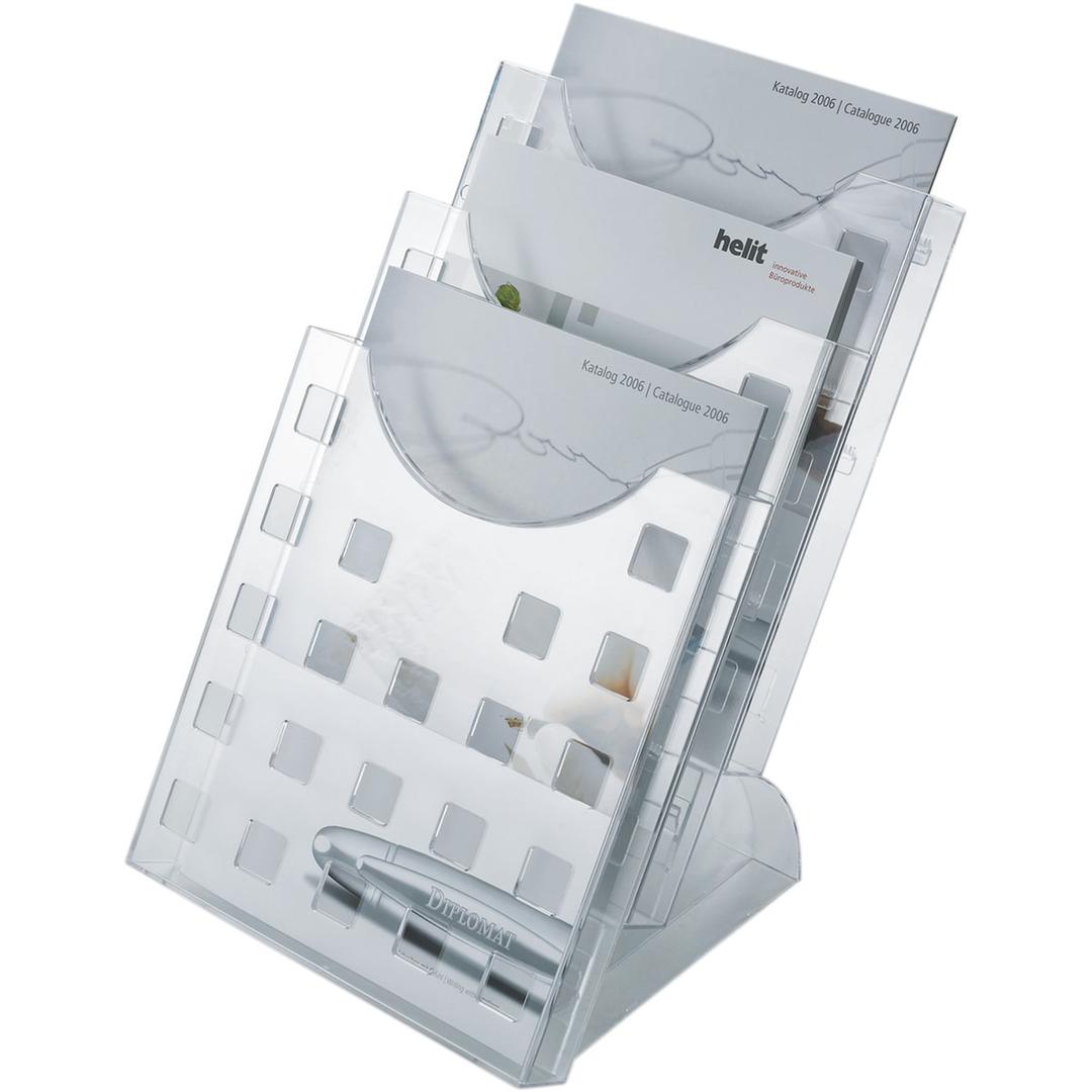 A4 portrait, 3 compartiments, transparent Porte-brochures the step grid HELIT - Porte-brochures de table helit the step grid A4, garni de brochures