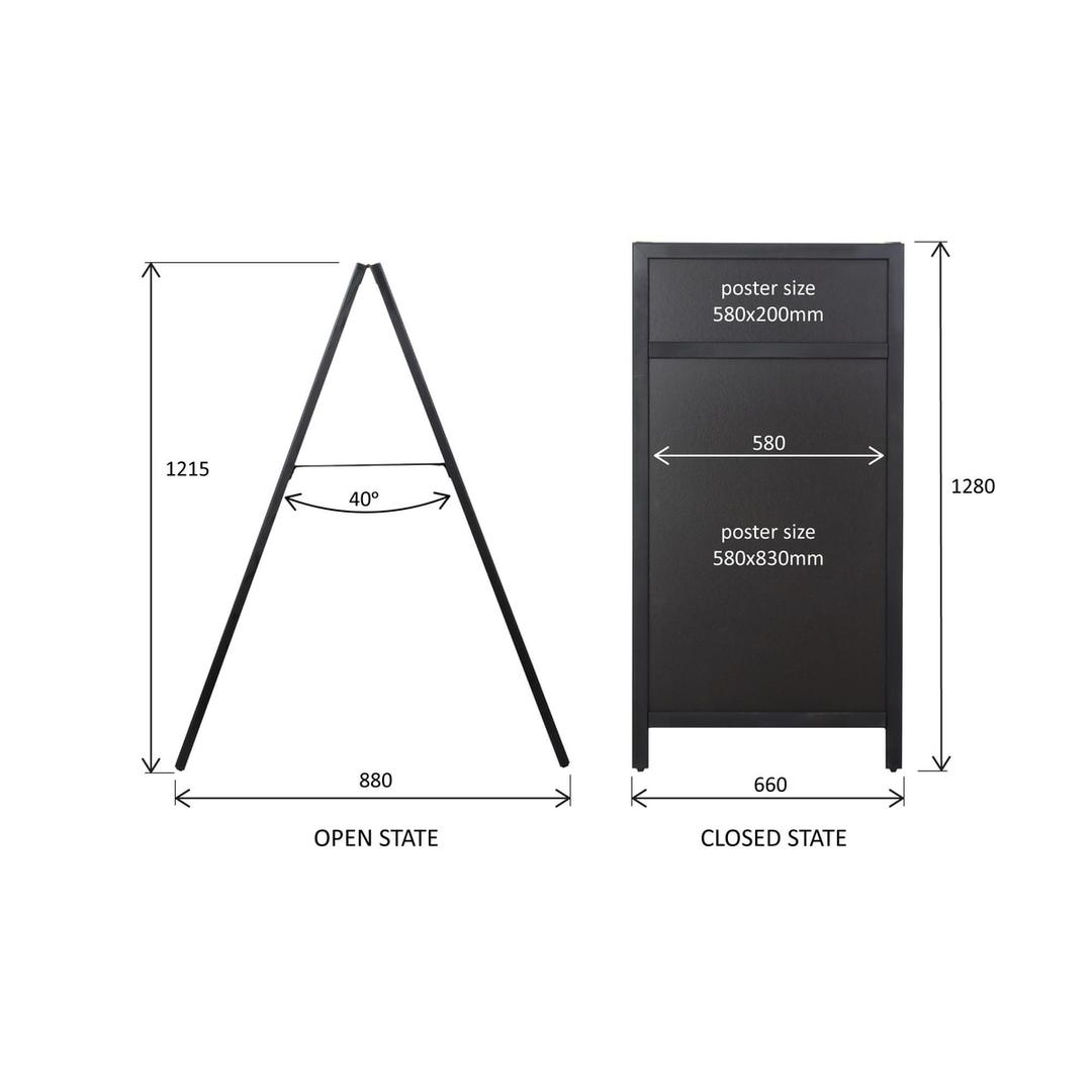 Avec en-tête, 660 x 1 280 mm, noir mat Stop-trottoir ardoise DELUXE EUROPEL - Cotes du stop-trottoir EUROPEL DELUXE ouvert et fermé