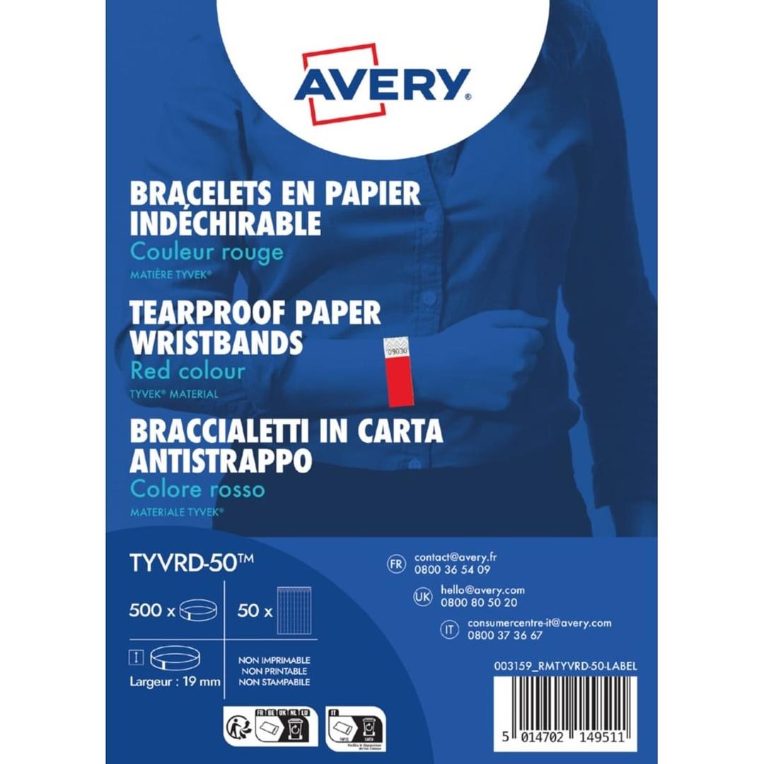 Largeur 19 mm, lot de 500, rouge fluo Bracelet tyvek AVERY - Paquet de 500 bracelets tyvek AVERY rouge fluo