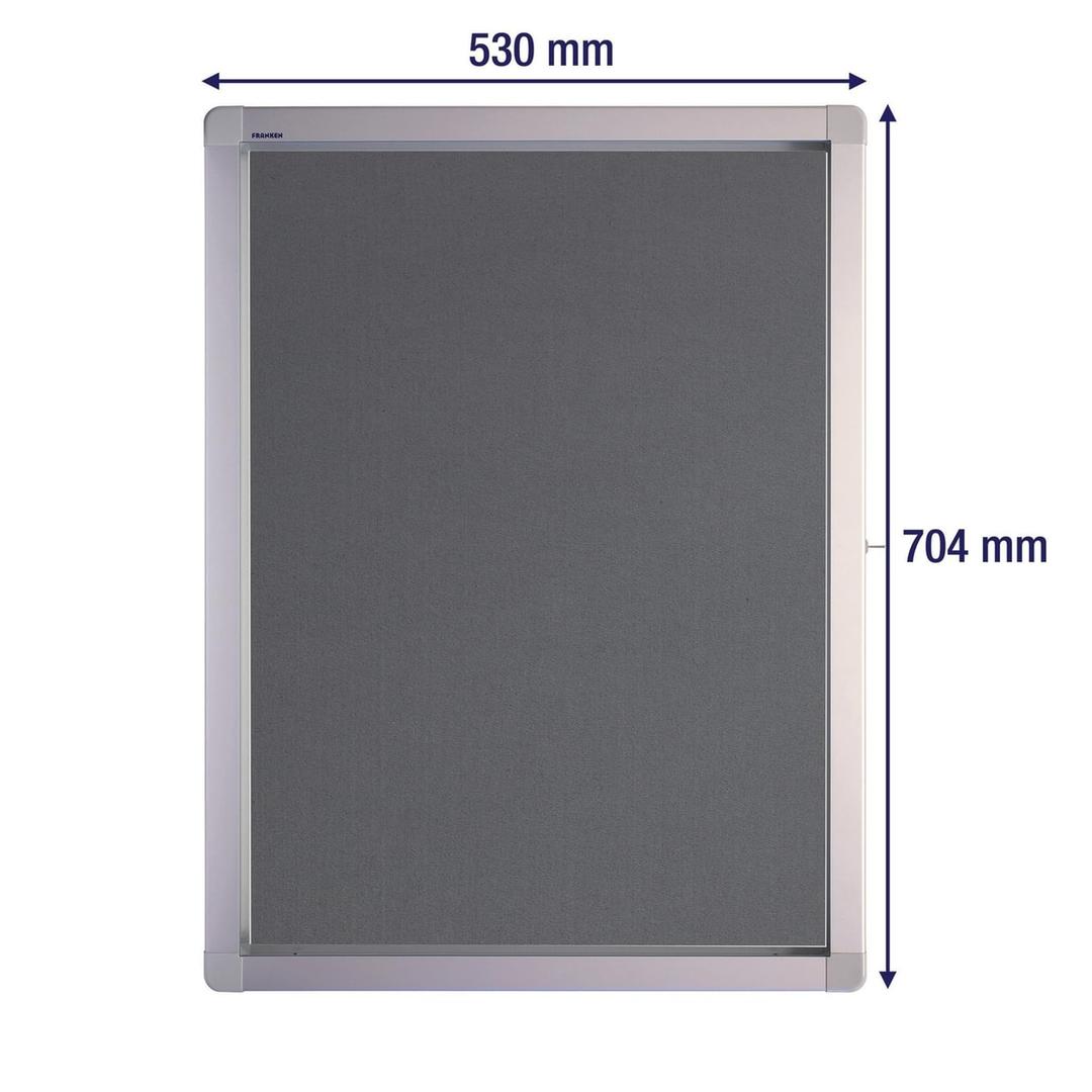 Extérieur abrité, fond en feutre gris, 4 x A4 Vitrine d'affichage ECO FRANKEN - Vitrine d'affichage FRANKEN ECO en feutre gris 4 x A4, vue de face avec cotes