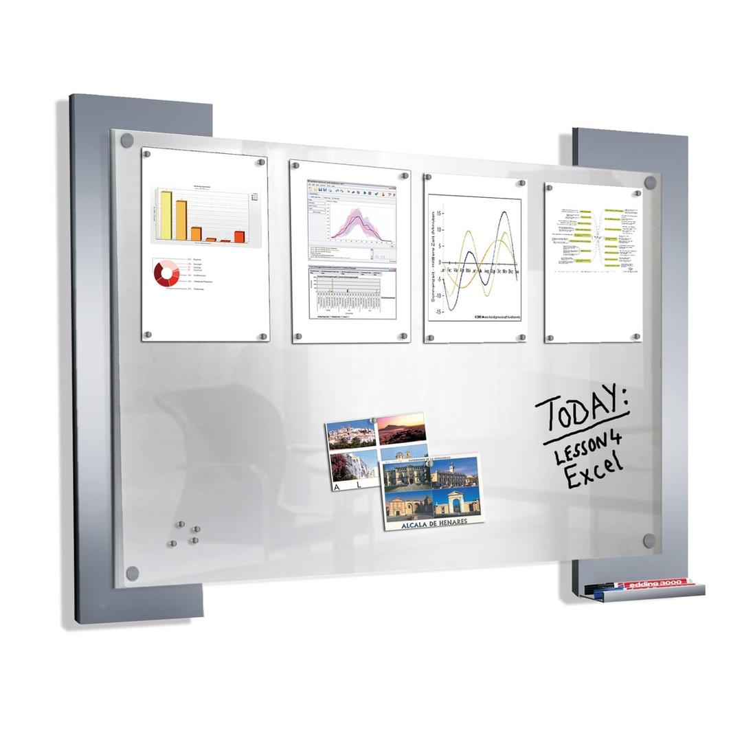 Verre satiné magnétique, 8 x A4, 900 x 700 mm Panneau d'affichage Look KERKMANN - Panneau d'affichage kerkmann Look en verre satiné, documents tenus par des aimants